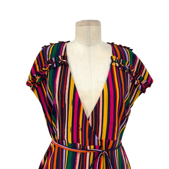 Tularosa Maud Wrap Dress Cherry Red Multi Rainbow Stripe Size Medium - Picture 3 of 9